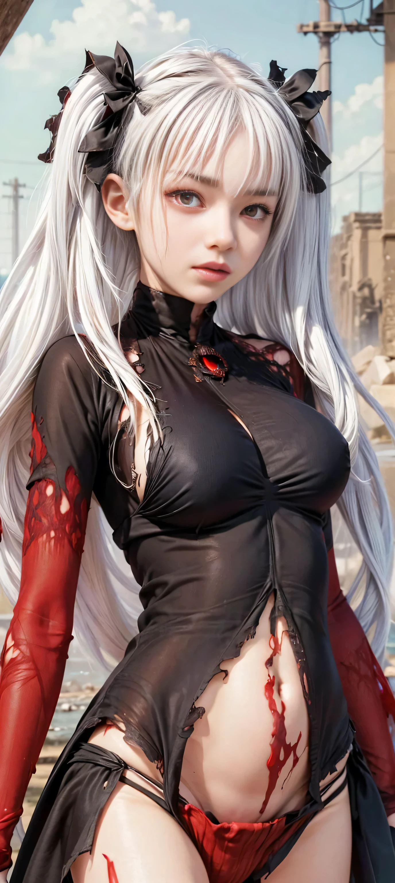 masterpiece, best quality, (realistic,photo-realistic:1.4), (RAW photo:1.2), extremely detailed CG unity 8k wallpaper, delicate and beautiful, amazing,finely detail, official art, absurdres, incredibly absurdres, huge filesize, ultra-detailed,extremely detailed eyes and face,light on face,(twin tails:1.4),tohsaja rin,(white hair:1.4),(short hair:1.4),(wearing bikini:1.5),(ruins background:1.5),(torn clothes:1.5),(red eyes:1.7),(corrupted body:1.5) 