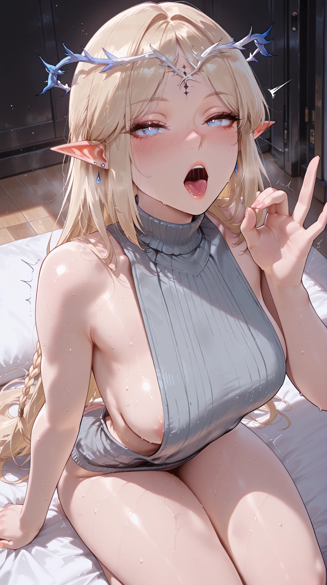 top-quality、Top image quality、​masterpiece、girl with((18year old、Best Bust、big bast、Bust 90,Beautiful blue eyes、,Blonde long hair、A slender、Large valleys、fullbody naked、Not wearing any underwear、not any dressed、a closeup、Open your arms、Gold ring on wrist、beautiful tiara、hiquality、Beautiful Art、Sleeping on the bed、、orgasmic、The crotch is very wet、masutepiece、visualart、depth of fields、、raise arms、Fierce dance　dynamic movements、low angles、A sexy、Elven ears、light magic、Dynamism、NSFW、、The best smile、fullnude、ecstacy、Collapsed on the bed、feels good、SEX.Spread your legs apart and bend them、Lying in bed