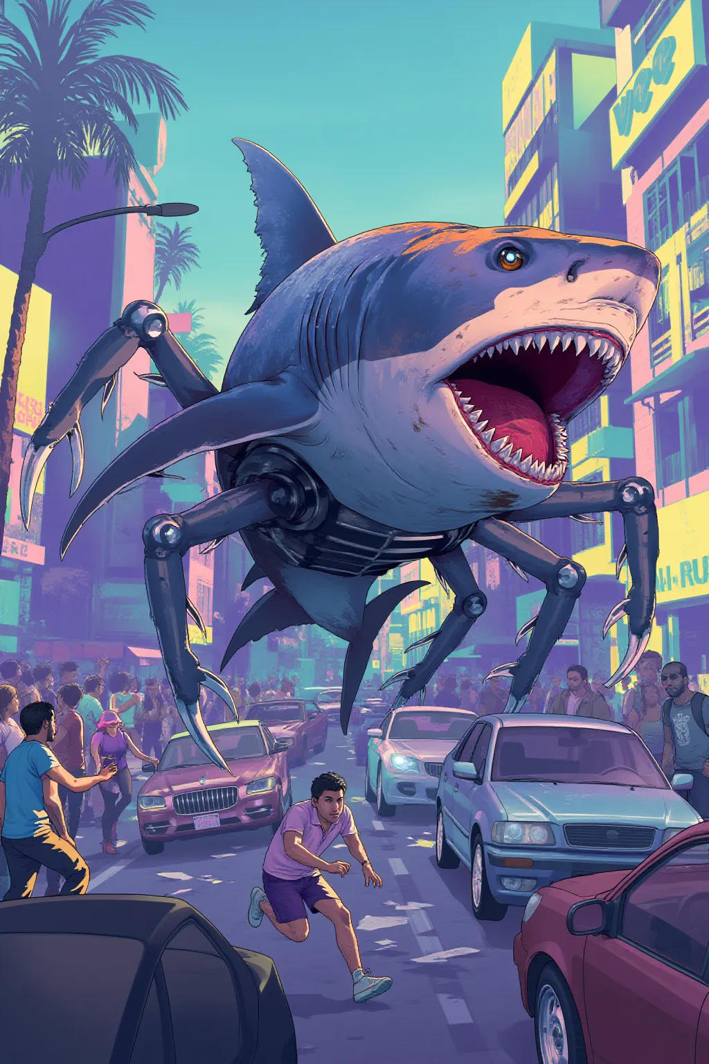The giant mechanical shark stomps down the crowded street, its robotic legs whirring as people scramble in panic, cars swerving to avoid the chaotic scene. in gta style ellow stars blink in the upper left corner of the screen