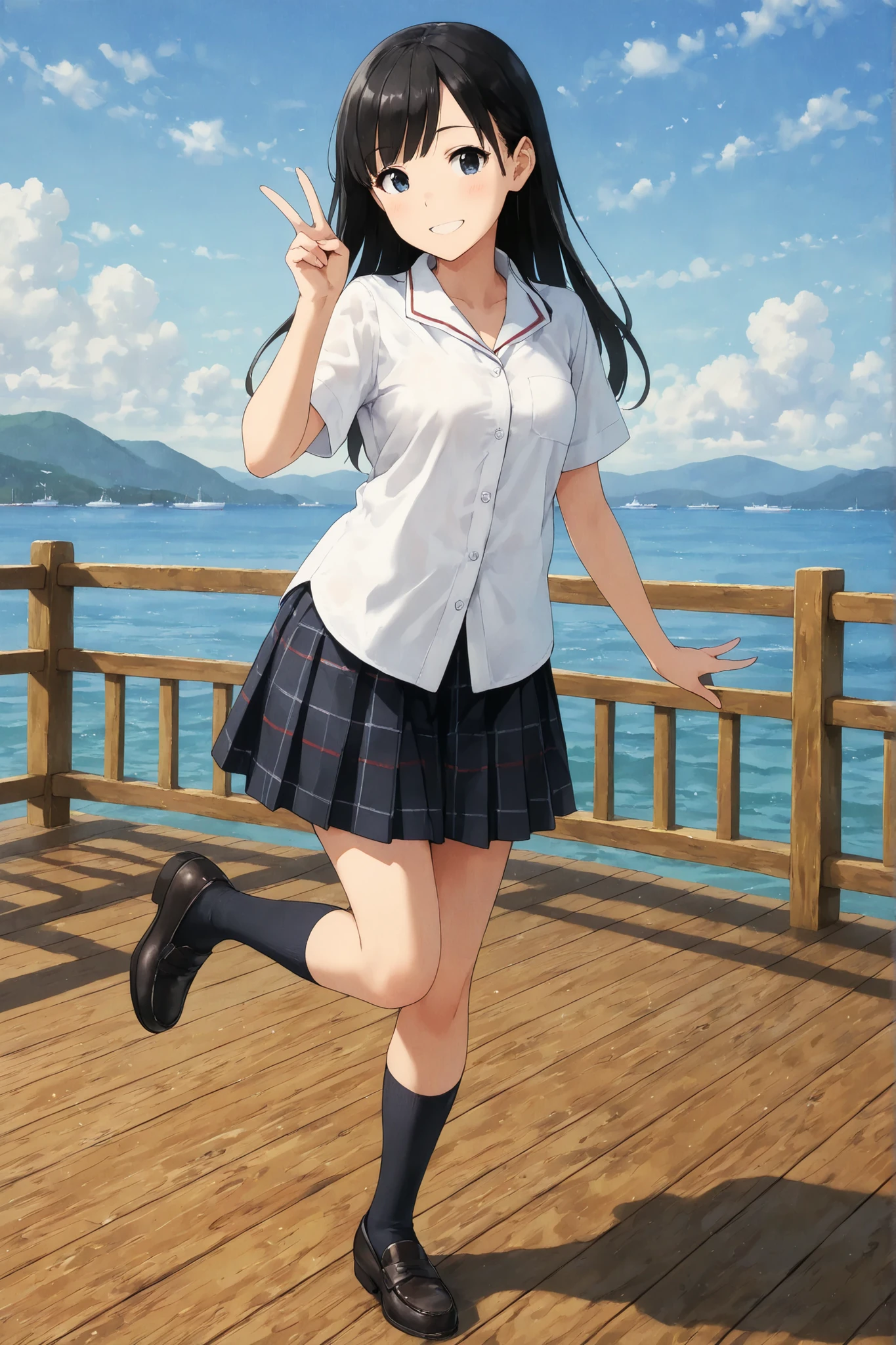 1 girl, smile, shirt, skirt, (small) chiralism, Japan high school school uniform, seravuk, summer clothes, squall-wet uniform, sheer bra, (portrait from knee up),