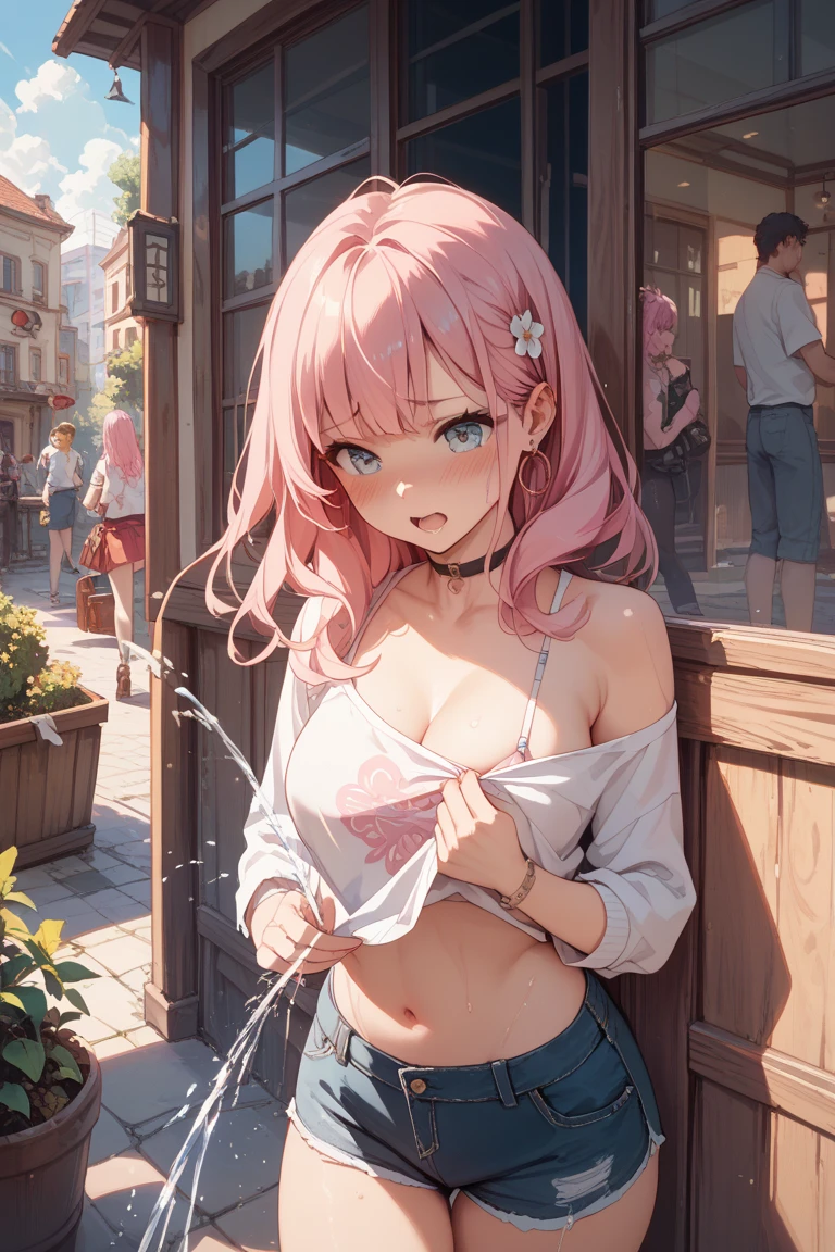 (masterpiece, highest quality, ultra high res, ultra detailed:1.3), 1 cute girl, pink medium hair, half twintail, small breast, black tank top, tank top covered nipples, red pleated mini skirt, white panties, (love juice, pussy juice, masturbating with her fingers:1.4), in cute room, ecstasy look, touching crotch by self,