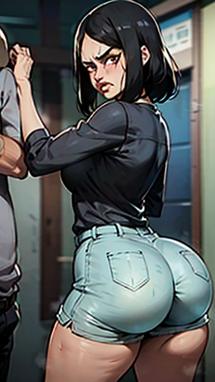 Best quality, mature woman, giant ass, thick muscular thighs, wide hips, very curvy, tanned skin, styled high ponytail, pear green eyes, full lips, seductive, she blushing a lot, she has a very shocked look, thigh high black dress, ribbon in hair, thick thighs, curvy physique, normal guy, they're hugging, guy grabbing squeezing groping her ass