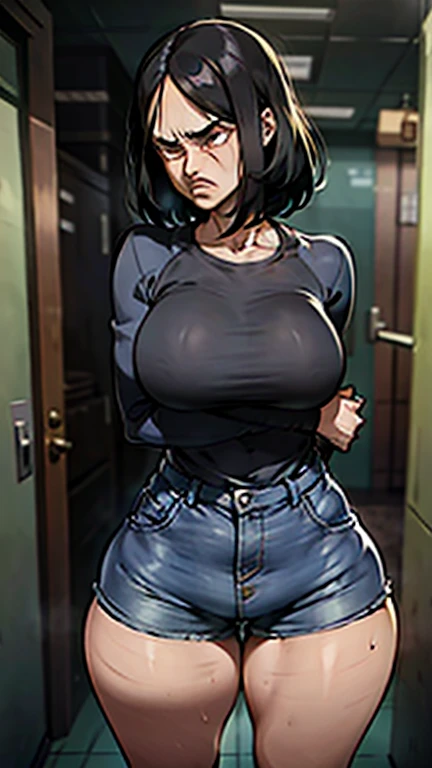 solo,1girl,black hair ,blues eyes ,tareme, hair bang, long hair,gleaming skin,glasses, oversized tshirt, blue jeans, massive fart, farting, blush, lifting ass, closed eyes, clenching teeth, alone in a room