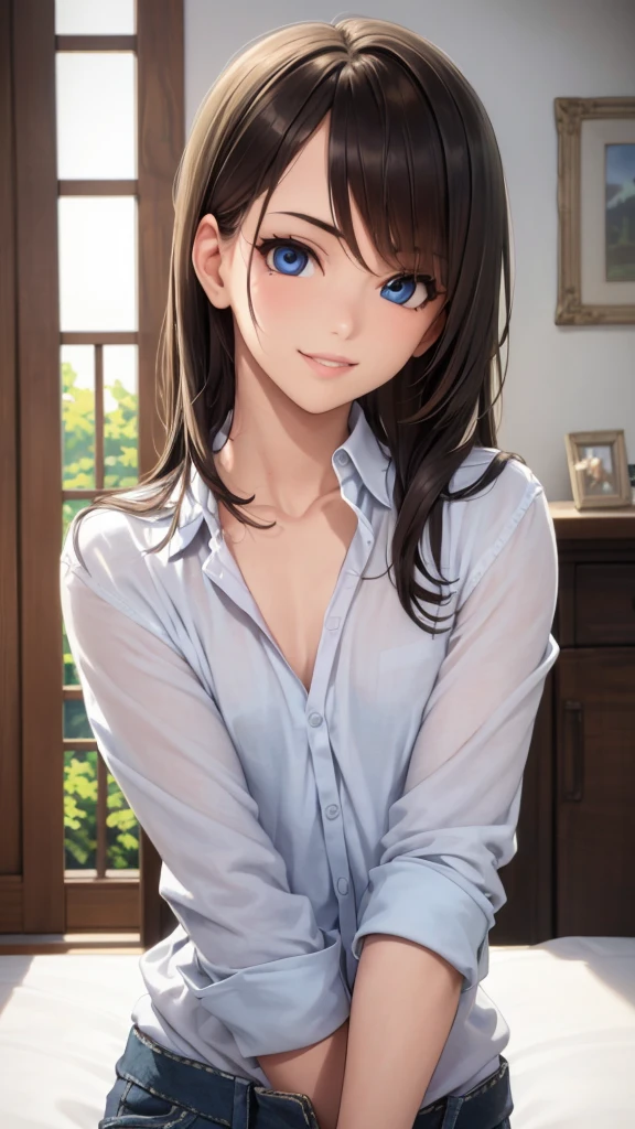 (masutepiece: 1.3), (max resolution: 1.2),, (Detailed eyes and skin), (detailed facial features), nffsw, Sharp Focus: 1.2, Perfect Style, Beautiful face, Perfect body,Highly detailed face and skin texture, Detailed eyes, Dark-blue eyes, Double eyelids, Thin eyebrows, Glitter Eyeliner: 1.2, Natural cheeks, Glossy skin, Fair skin: 1.2, shiny little necklace and earrings, (Glossy lips: 1.A very cute female teacher), Light blue lace bra She wears light blue lace panties Stockings), (Seductive smile: 1.2), ((a Innocent and cute girl:1.3)), (long, straight haired, bangss), (ligh brown hair:1.2), medium large breasts, FULL BODYSHOT Shyness School Changing Rooms Herren pencil skirts cute little Light blue shirt sexy pose Leaning forward