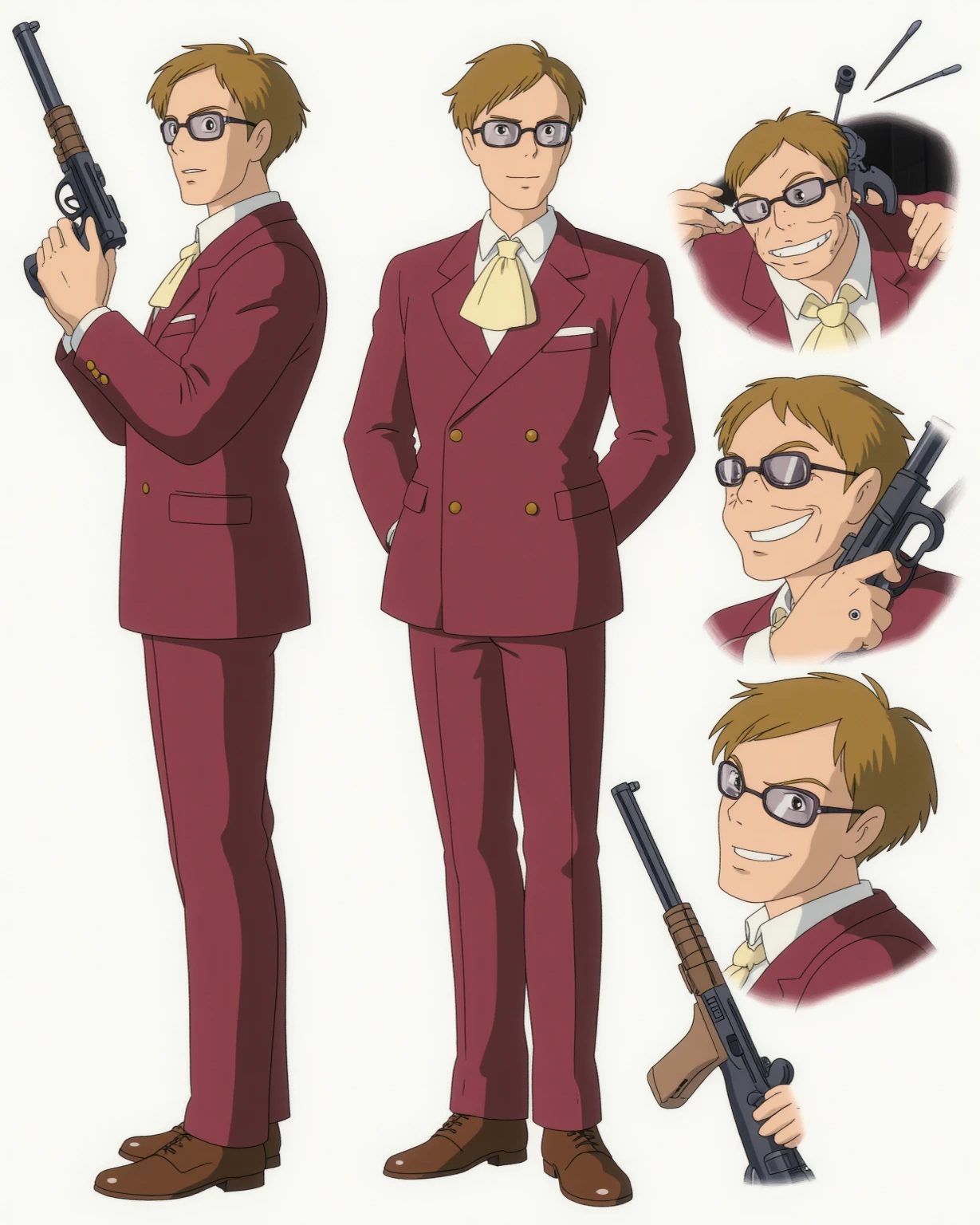 Only 1 person、Muska: male、villain、28 years old、tall、Slender、Very wide forehead、golden eyes、Square-framed sunglasses with transparent lenses、Square jaw、inverted trapezoid outline、Dark golden short hair、Short Hair、Left-split hairstyle、Light maroon double-breasted suit、There are 4 buttons、white shirt、Ivory colored jabot for men、The collar of the white shirt is inside the jabot、Brown leather shoes、grin、gun that only has long horizontal hairs、 Darkness、evil smile、Castle in the Sky、full-body shot、wide-angle shot, dynamic angle、low-angle shot, detailed、tilted angle, 