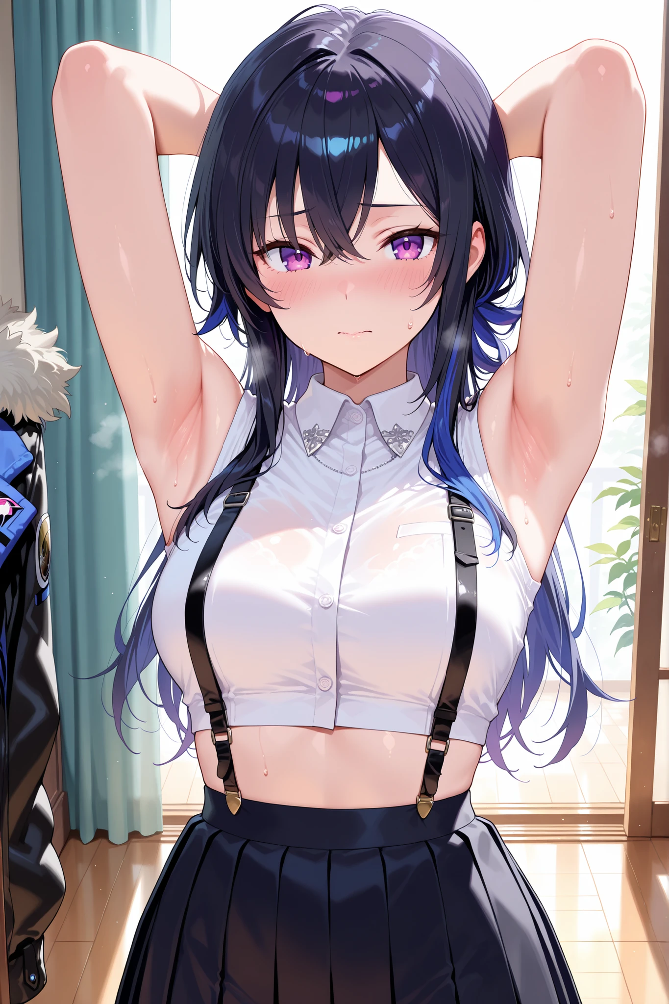 solo,masterpiece,best quality, amazing quality, highres, absurdres, very aesthetic, high resolution, ultra detailed, perfect details,bburuha, long hair, multicolored hair, black hair, sidelocks, purple eyes, medium breasts, crop top, collared shirt, white shirt, sleeveless, fur-trimmed jacket, black jacket, long sleeves, suspenders, pleated skirt, black skirt,mature female,arms behind head、armpit focus、embarrassed,look at viewer