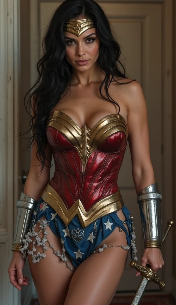Masterpiece, Best quality, (Solo), (1girl), (photorealistic1.4), (epiCRealLife:1.0), (large breast), (cleave), (European model),, (j4nu4ryj0n3s). (Wonderwoman768 ), (lynda-carter-ww-costume), (black hair), (blue eyes), (latex bodysuit),, (tiara), ((armored bands), (red lipstick), , (spotlight), (night time), (at night), (flash photography), (on New York Street), (earring), (demure),