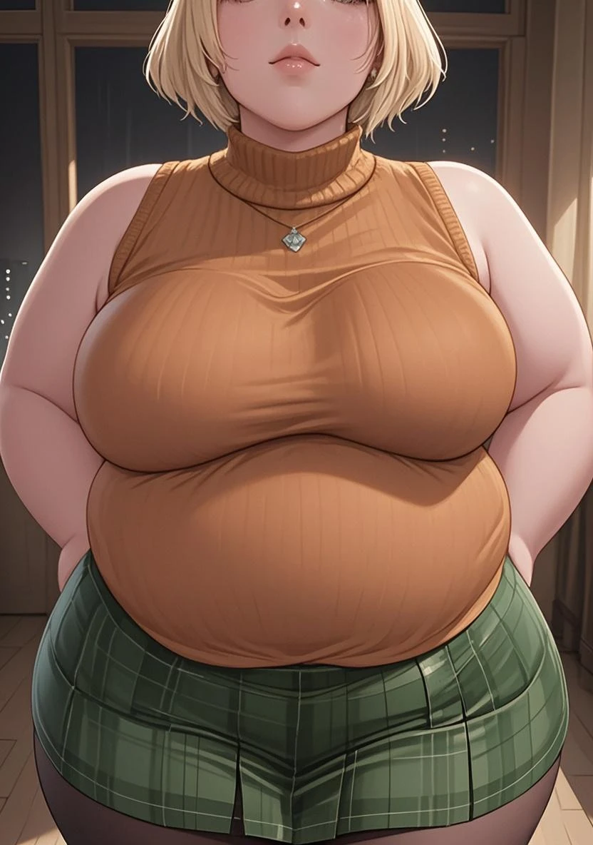score_9, score_8_up, score_7_up, score_6_up, score_5_up, score_4_up, solo, thicc Ashely Graham from resident evil 4, ((mature mom)), short blonde hair, brown eyes, ((orange sleeveless turtleneck sweater with a burgundy sweater around her neck)), green plaid skirt, big thick full lips, ((pouted lips)), red eyes, ((squinting eyes)), ((full body)), ((NSFW)), sexy, seductive, alluring, cute smile, joyful, (((arms's rest squeezing breasts))), (((gigantic breasts))), ((sagging breasts)), big nipples, wide hips, thick thighs