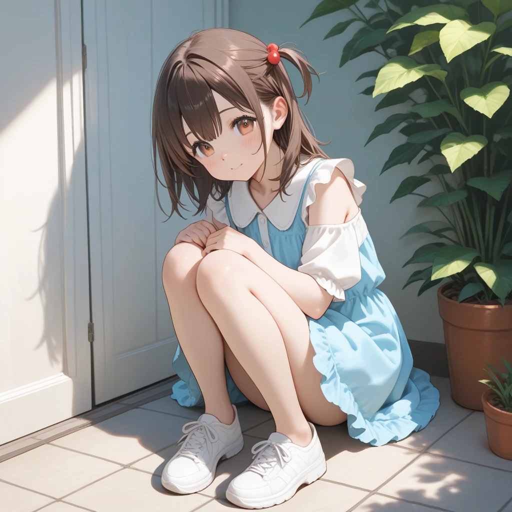Little cute boy 5 years old; thick shoulder-length brown hair; big brown eyes, long eyelashes; Offended look; in a pink girly dress on the playground; Anatomical realism, high quality textures, higly detailed