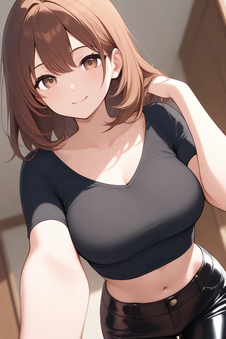 (best quality:1.5, highres, UHD, 4K, detailed lighting, shaders), brown ponytail, breasts, white tank top, belly, cleavage, jean shorts, thighs, sexy, erotic, lewd, seductive, ecchi, horny, hentai, porn, (pov, close shot), smiling, standing, park background