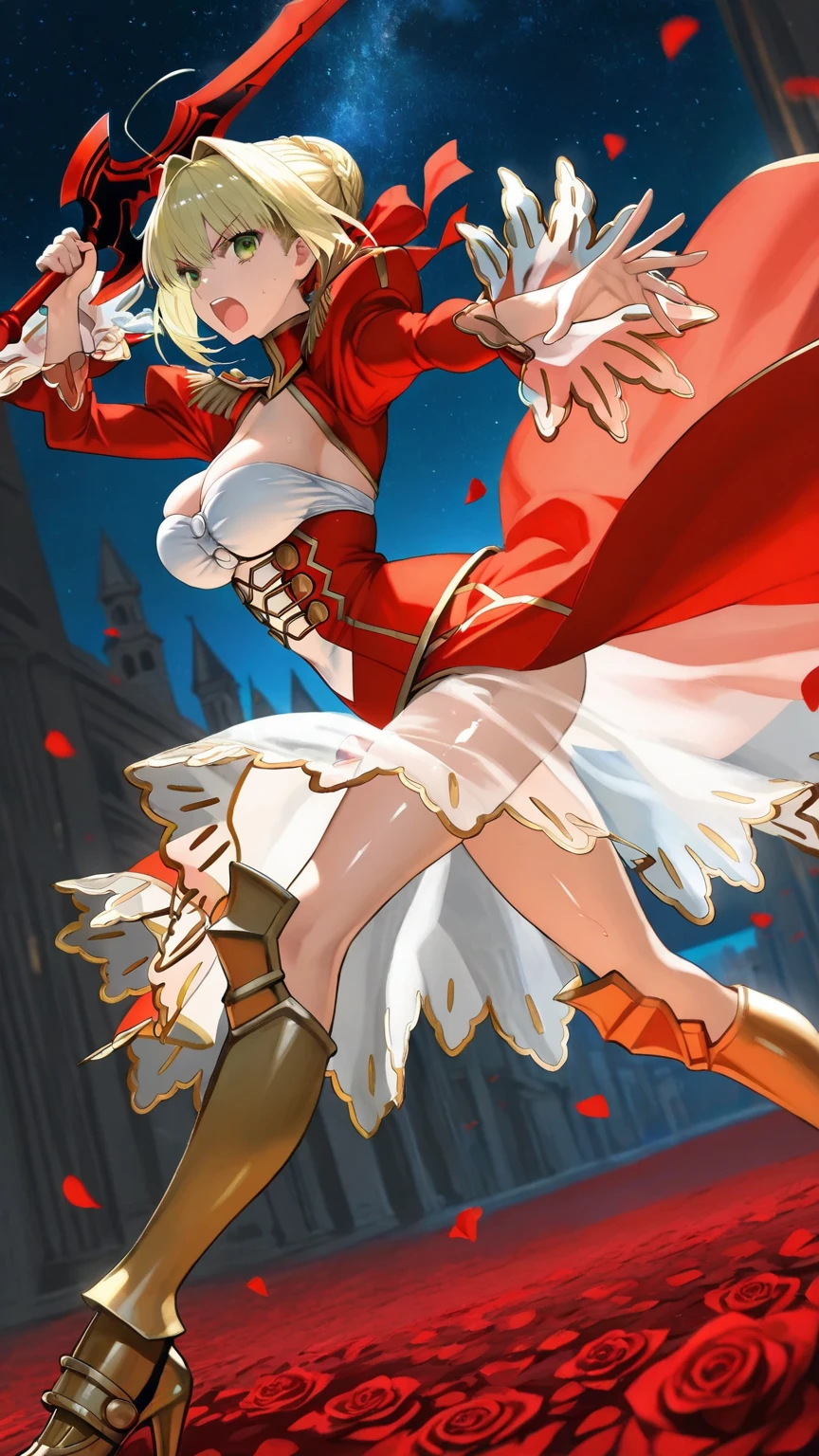 masterpiece, best quality, absurd, perfect anatomy, one girl, solo, ashelia, short hair, red onepiece swimsuit, standing, cowboy shot, smiling, dynamic pose, dynamic angle, outdoors, plains, hills