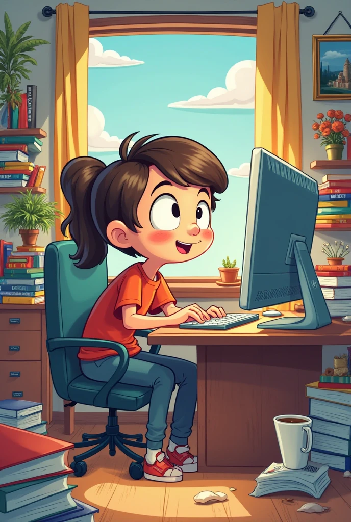 art mignon, art simple , femme, cheveux brun très court, un ordinateur sur un bureau, dessin