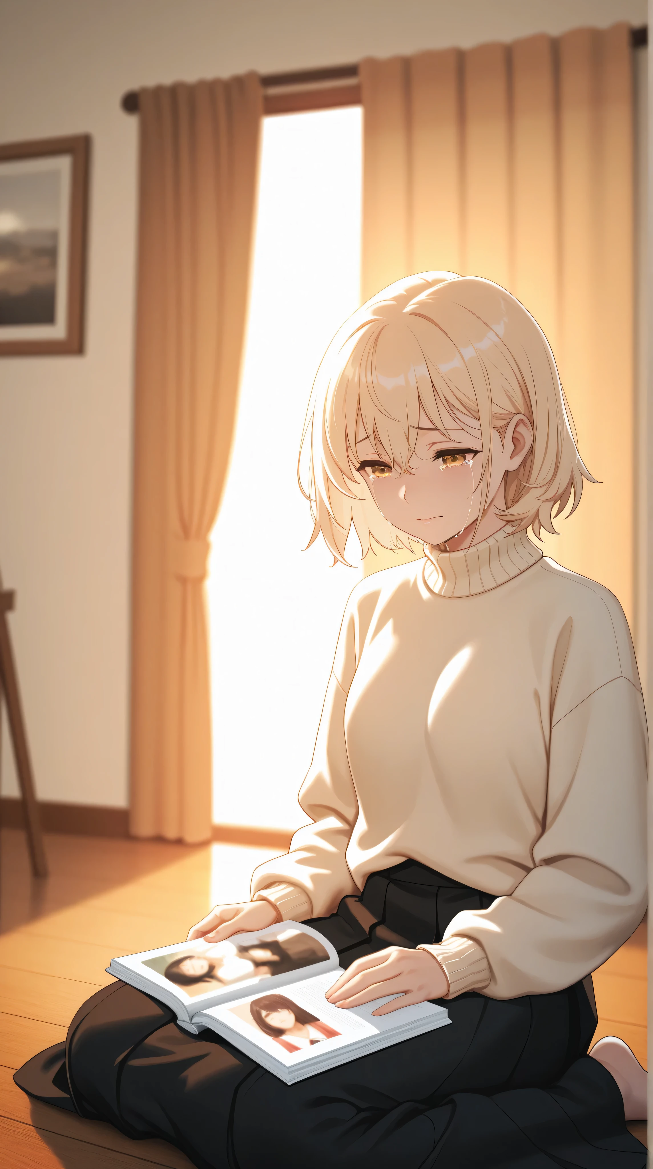 A quiet cinematic scene of a age girl sitting on a wooden floor in a softly lit bedroom during golden hour. She is wearing a light cream sweater and a long skirt, holding an old photo album on her lap. Her expression is calm and melancholic, eyes slightly wet but not crying. Warm golden sunlight pours in from the right through thin curtains. The camera is at a 3/4 angle from the front right, shallow depth of field, soft focus on her face. There is dust in the air, glowing in the light. Cinematic, nostalgic mood. Soft Japanese film color grading.