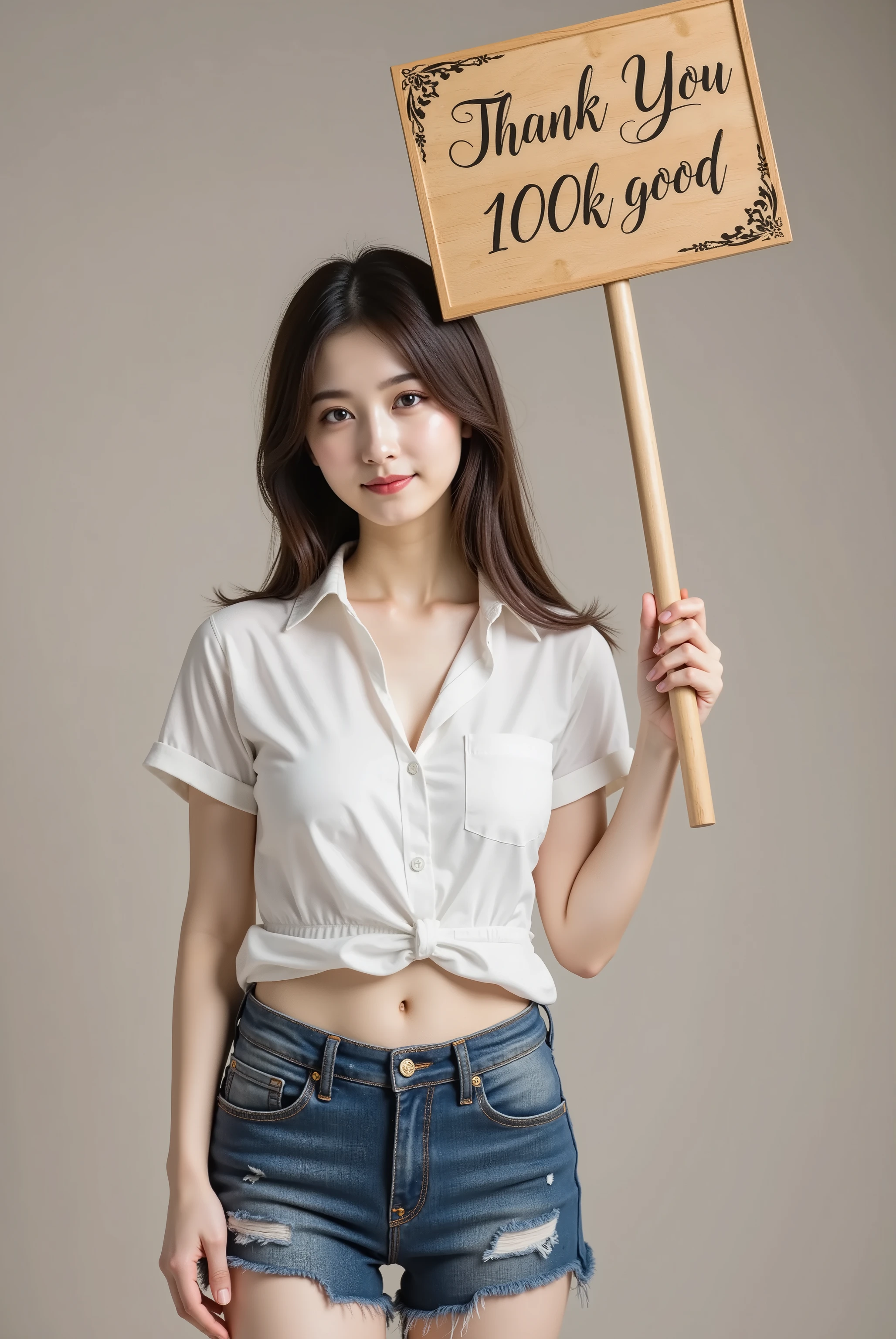 smile, hair styled in aplatinum blonde, gold hair,A slender young woman with firm and full breasts held high and compact to showcase a bold and daringly deep and wide cleavage, wearing a crisp white short-sleeve button-up shirt with subtly rolled hems and fitted darts at the bust, paired with distressed denim cutoff shorts fraying along the hem and hugging her hips and upper thighs to create a mini-skirt upper-body focus, holding aloft a handcrafted wooden sign with visible oak grain and softly rounded edges, the sign face hand-lettered with “Thank You 100k good” in elegant cursive embellished by delicate floral motifs at the corners, her dark hair cascading past her shoulders with each individual strand rendered with lifelike precision and gently drifting as if in a light breeze, posed against a softly blurred neutral background, her left arm extended upward at a slight angle to grip the sign’s edge with fingers curled naturally around the smooth wood, her right hand resting on her hip with elbow bent outward to accentuate her narrow waist and create an elegant diagonal line, pelvis angled to shift weight onto her left leg causing her right hip to thrust outward and form a graceful S-curve through her silhouette, torso leaning forward slightly to press her chest outward and deepen her cleavage beneath the snug shirt, shoulders drawn back yet relaxed to lift posture, head tilted three-quarters toward the viewer with a subtle downward tilt of about five degrees, eyes meeting the viewer beneath softly arched brows and long lashes in a confident and grateful gaze, lips parted in a gentle smile, shot from mid-thigh up in a four-by-five aspect ratio to focus on her outfit, sign, and upper-body contours, depicted with photorealistic attention to texture of frayed denim, wood grain, shirt fabric folds, and interplay of even studio lighting and soft shadows to faithfully recreate the scene.