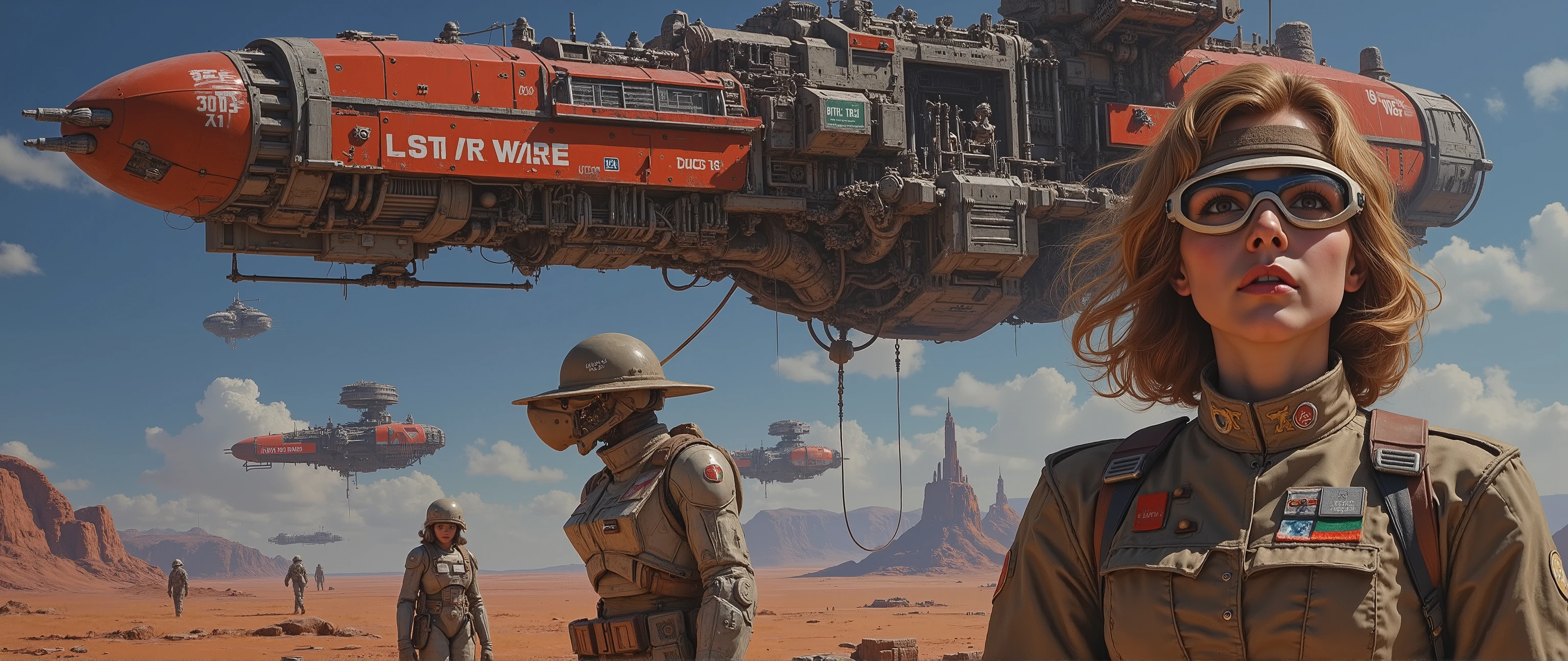 epic oil painting , 16 thousand., artistic masterpiece , correct gravity , science fiction , 10, 000 years of the Galactic Republic , , is a very futuristic landscape with fantastic combat vehicles and mechanisms , } Second Galactic War spaceship motifs , John Lucas Star Wars Universe , incredible detail, all the small details are drawn , meaningful story from the books "Star Wars" , epic landing of heavy armored mechanized scouts , carrying out a punitive mission , portrait of a centurion general wearing cybernetic holographic glasses , full-length ryman girl, wind blows hair, very detailed and realistic forms, all mechanisms are thought out and logically arranged, incredibly beautiful detailed face of the girl, tactical numbers and squadron emblems on the hulls of starships and combat vehicles, very thoughtful and drawn uniforms and weapons