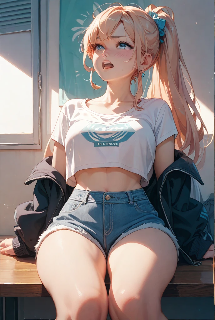 最high quality、best image quality、masterpiece、girl((20-year-old、 By becoming、vest bust、medium bust,wide open breast tea、shining eyes, blonde、long hair、thin,highest valley、ponytail、Damaged Denim Shorts、black navel shirt、Damaged Denim Jacket、smile、full body tattoo,diamond earrings、Wristband、necklace,bubble gum、yankee pose)),high quality、beautiful art、background((Hacker Room、underground、neon lighting))、Flight、debris flies、Depth of written boundary、movie、visual art、perfect art、8k,genuine、