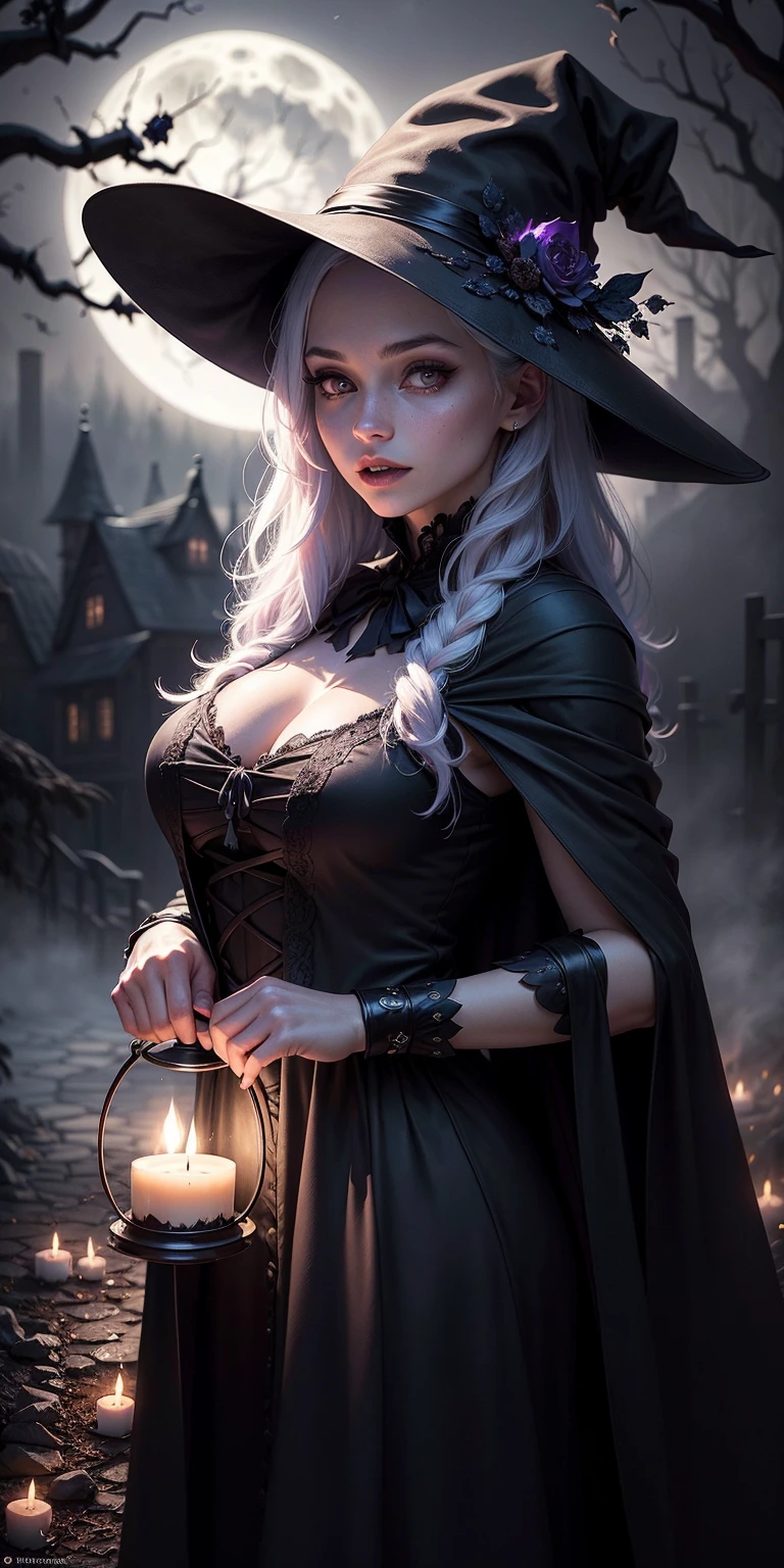 A witch with a crown, dark scene, full moon, stars, magic, crystals, perfect dress, powers