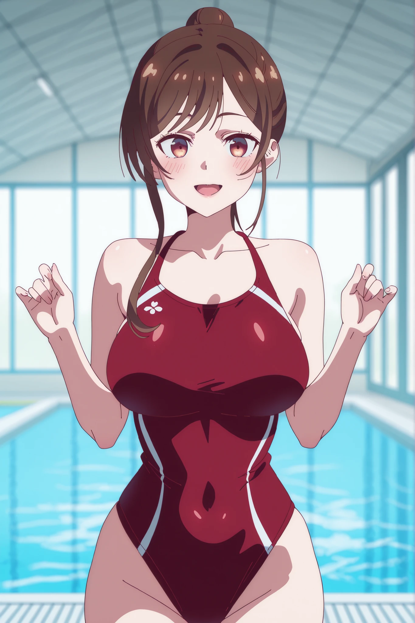 (Best quality:1.3), nakano miku, brown long hair, hair between eyes, large round breasts, one-piece swimsuit, soaking wet:1.3, smiling, swimming pool, (pov)