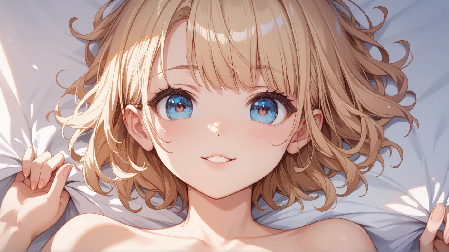 (masterpiece), 1girl, pale skin, blonde hair, short hair, blue eyes, nsfw,