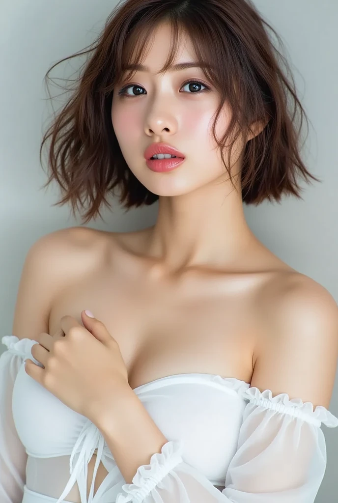 ((Highest quality, 8K, masterpiece :1.3)), (Sharp focus :1.2, Beautiful woman with perfect figure :1.4, Slim Abs :1.2), ((Big Breasts, Emphasize cleavage:1.3)), (Photorealistic:1.4), (realistic:1.4), (Short Bob Hair, Light brown hair:1.5), Highly detailed face and skin texture, Fine grain, double eyelid. Makeup face, A little bit of lipstick, necklace, Earrings, sex appeal, Sexy gravure pose, ((White blouse、Black leggings、Cityscape、A provocative look、Leaning against the wall, lowering her top to show her breasts and licking her lips:1.3)