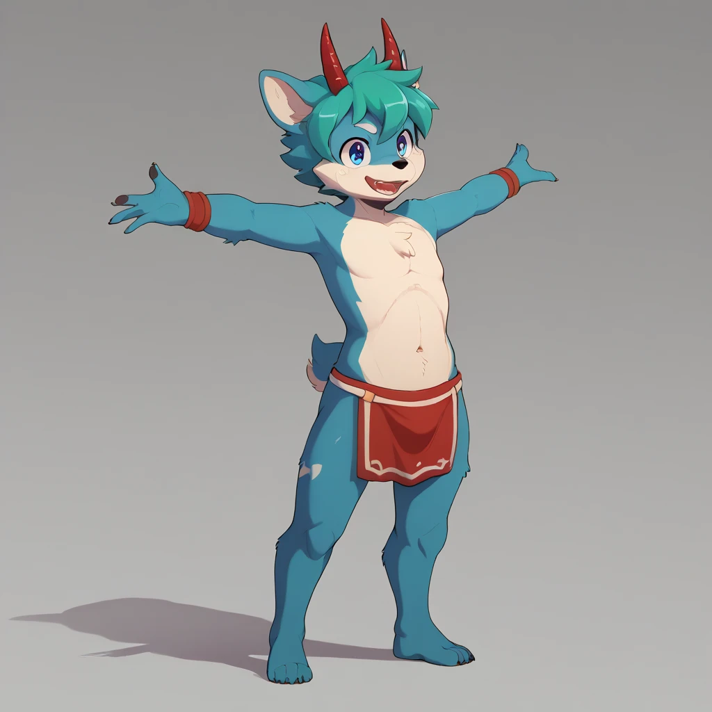 A cute little blue deer furry with only underwear on. big bulge, precum leaking through underwear, shy, standing, slim body, small antlers, round face, high quality, flat color, art commission