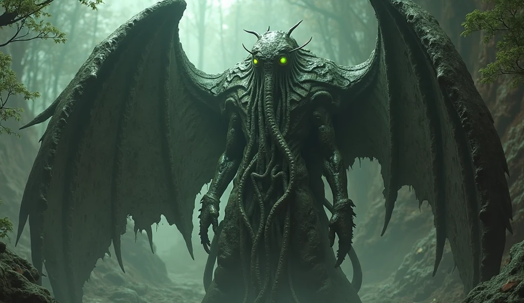 uploaded on e621, ((by Nicola Samori, by H.P. Lovecraft, by Wayne Barlowe, by H. R. Giger, by Harry Clarke)),
solo (bulky muscular) (((Cthulhu))) with ((gray black body)) and (tentacles) and ((large membranous wings)) and ((clear green eyes)),
((dutch angle, looking away, macro, low-angle view, front view)),
BREAK,
(standing in huge waves sea, heavy raining night, thunderstorm:1.2), (fog, mist:1.35),
(detailed background, depth of field, silhouette, shadow, sunlight),
(masterpiece, best quality, ultra realistic, 4k, 2k, (intricate:1.2), (high detail:1.4), film photography, (sharp focus),
RAW photo, photorealistic, analog style, subsurface scattering, photorealism, absurd res)