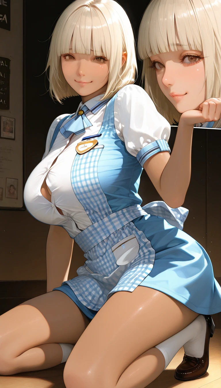 young woman 18 years old,  normal length blonde hair,  medium sized breasts,  accentuated hip,  thick thighs, blue colored eyes,  white pantyhose,  mini skirt,  and tight button-down blouse,  nipples marking 