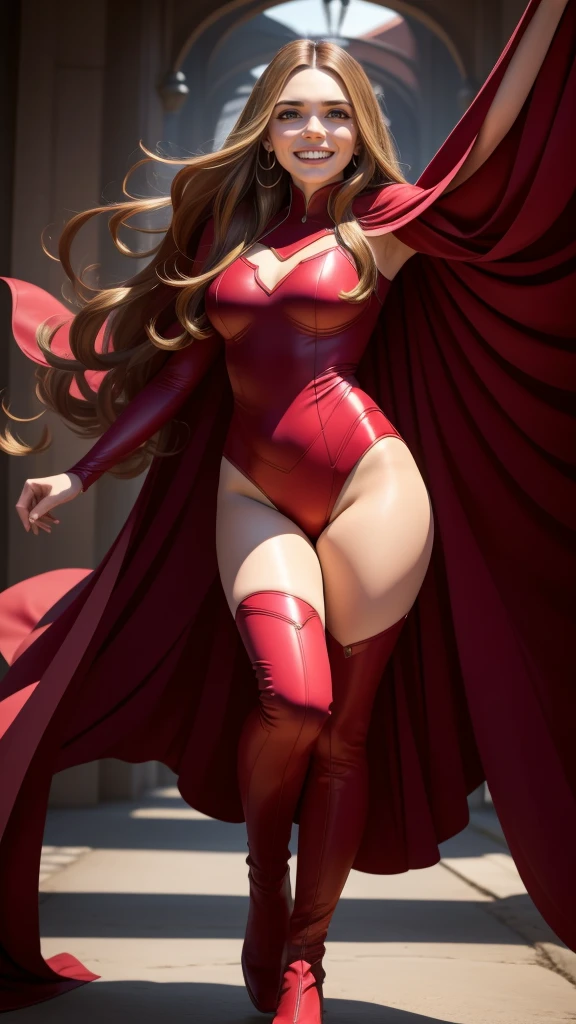 Beautiful woman, realistic skin, detailed face, beautiful face, Scarlet Witch Cosplay, Pink pantyhose, full body photo, scarlet witch tiara, Red swimsuit, Red boots, ((Scarlet Witch)), wind, red and pink magic, bright particles, sorceress, fantasy, photo (Masterpiece) (Best quality) (detail) (8K) (HD) (Wallpaper) (Cinematic lighting) (Sharp focus) (Intricate), sexy, day, sunlight, fight marks, best quality, ultra high resolution, realistic photo, full body portrait, incredibly beautiful, dynamic poses, detailed skin texture, highly detailed skin, beautiful legs, solo, large breasts, prominent figure,