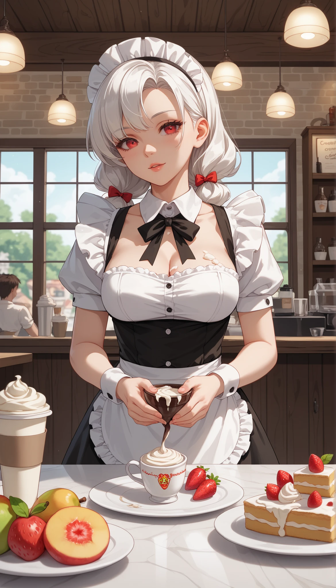 ((masterpiece)),(bestquality),((ultra-detailed)), ((beautiful detailed sky)), ((cinematic lighting)), depth of field, (dynamic angle),detailed lighting,(beautiful detailed eyes), (only apron), worker at coffee shop, red lip, eyeshadow,large breast, sexy, cleavage, bare thighs, noelledef