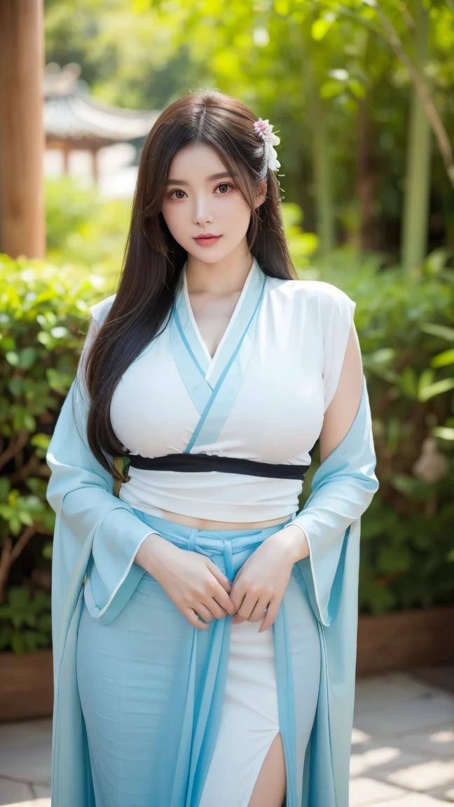 Super detailed characters,Depicts a 25-year-old woman wearing a transparent thin silk Hanfu,Super detailed facial features,Super detailed fingers,Immerse yourself in ultra-detailed forest environments,Towering trees background,Her hair black and shiny,deeply protruding and squeezed together,(((Huge double breasts))),Sexy lace thong,Presents a very dynamic effect。The picture full of color,Use real photography art,Added motion effects。Overall ancient style,Turn your face and look behind you,facing front,Very charming look,Make people feel super strong,human body panorama。