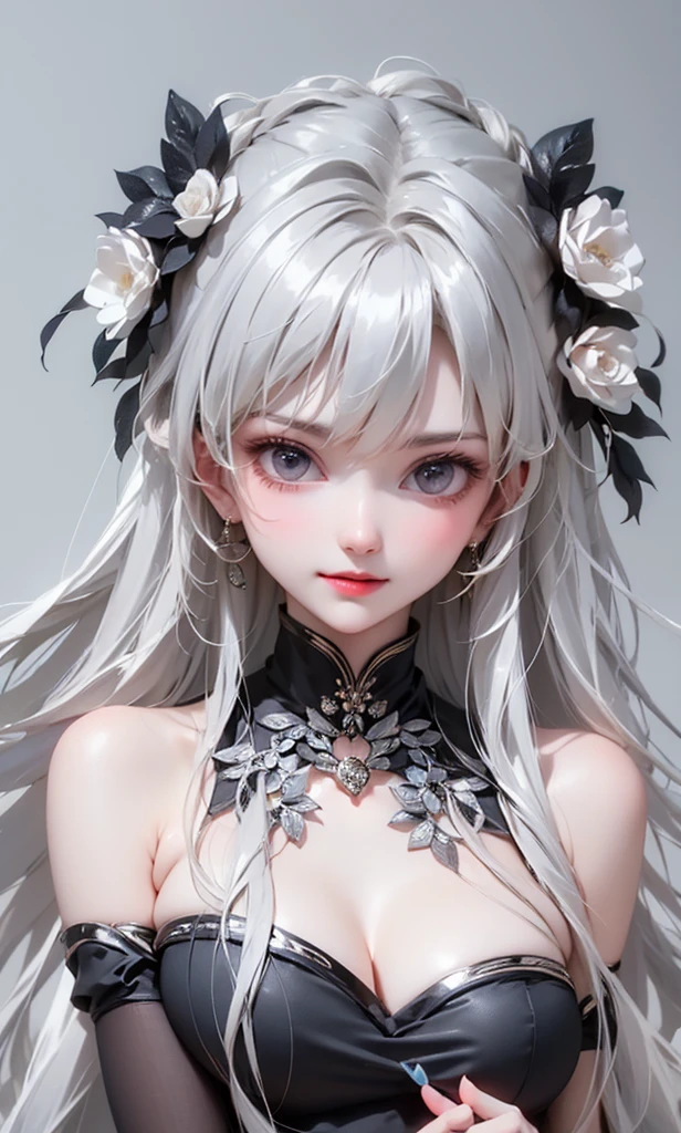 Best, Masterpiece, High Resolution, Best Quality, Ultra HD, Super Detail, Award-Standing, 16K, (Upper Body), Beautiful Girl, Gray Hair, Hair Strands, ((Heterochromia)), Hanging Corners, Fair Skin, (Small), (Slim Body), ((Workwear)), Stud Earrings, (Neck Rings), (Short gloves with optimal ratio of four fingers and one thumb)