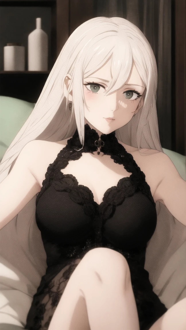 (Alta qualidade) solo, (Melhor qualidade, 8k, UHD: 1.2) obra-prima, melhor qualidade, altamente detalhado, ultra-detalhado, um extremamente delicado e belo, obra-prima, 1girl, solo, kaguya, matural female, seios grandes, cabelo longo, chifres, sobrancelhas curtas brancas, (pale skinned: 1.3), olhando para o espectador, sexy, gravata,corpo inteiro, corpo perfeito, sexy Body, na cama, Room, skirt Black, bra black,