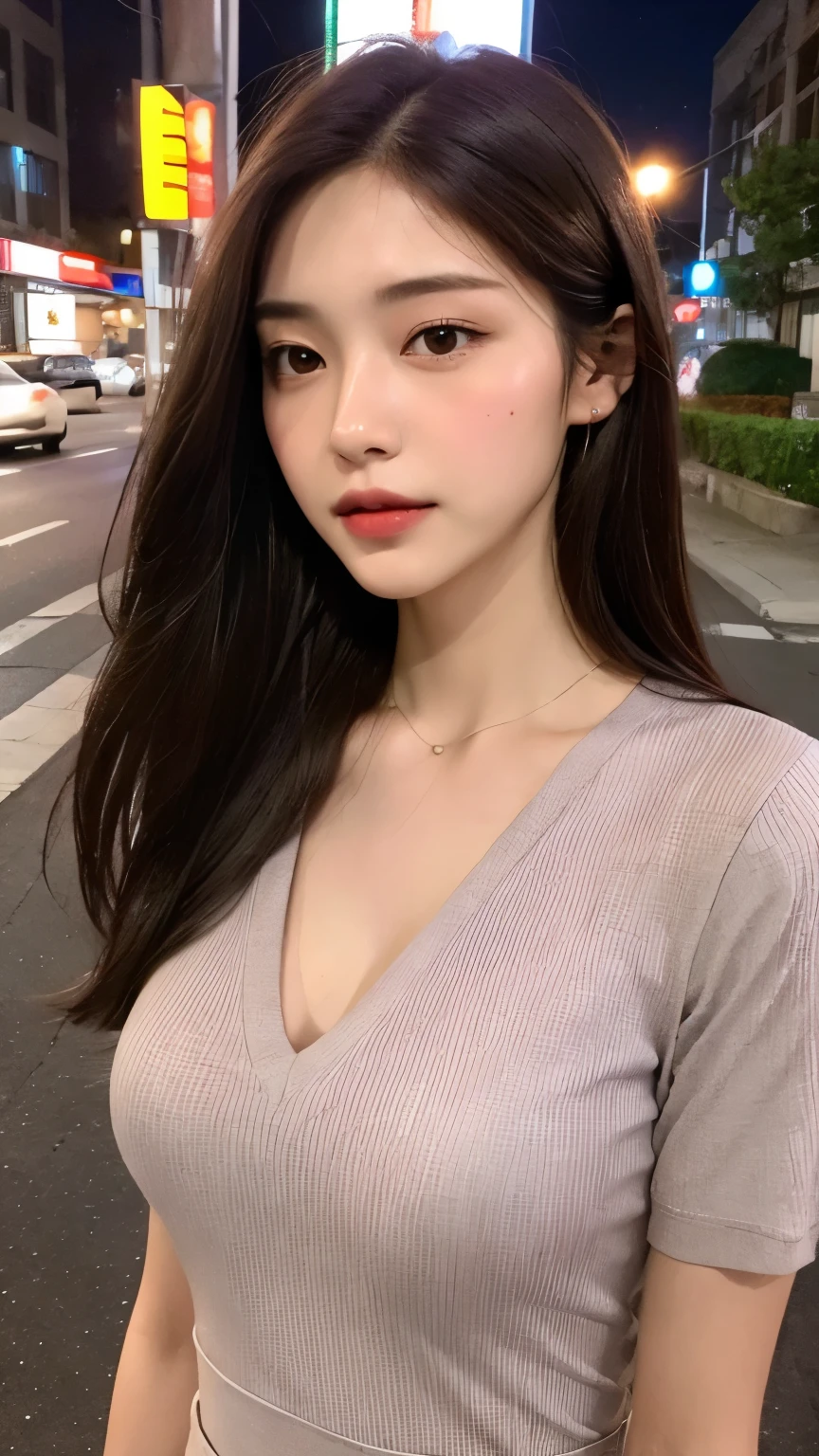 Draw a picture of a rather plump young Asian woman with long, wavy, dark brown hair. She wore a black face mask and a brown blouse that showed a little cleavage. This woman was standing next to the car with the door closed but the car window open, looking down slightly with one hand leaning on the door and the other hand holding the cell phone. point of view (angle) This photo is from inside the car, showing a view from the side of the car door towards the woman. The background is nighttime with dim lighting, and there is some graffiti or mural on the wall behind the woman.