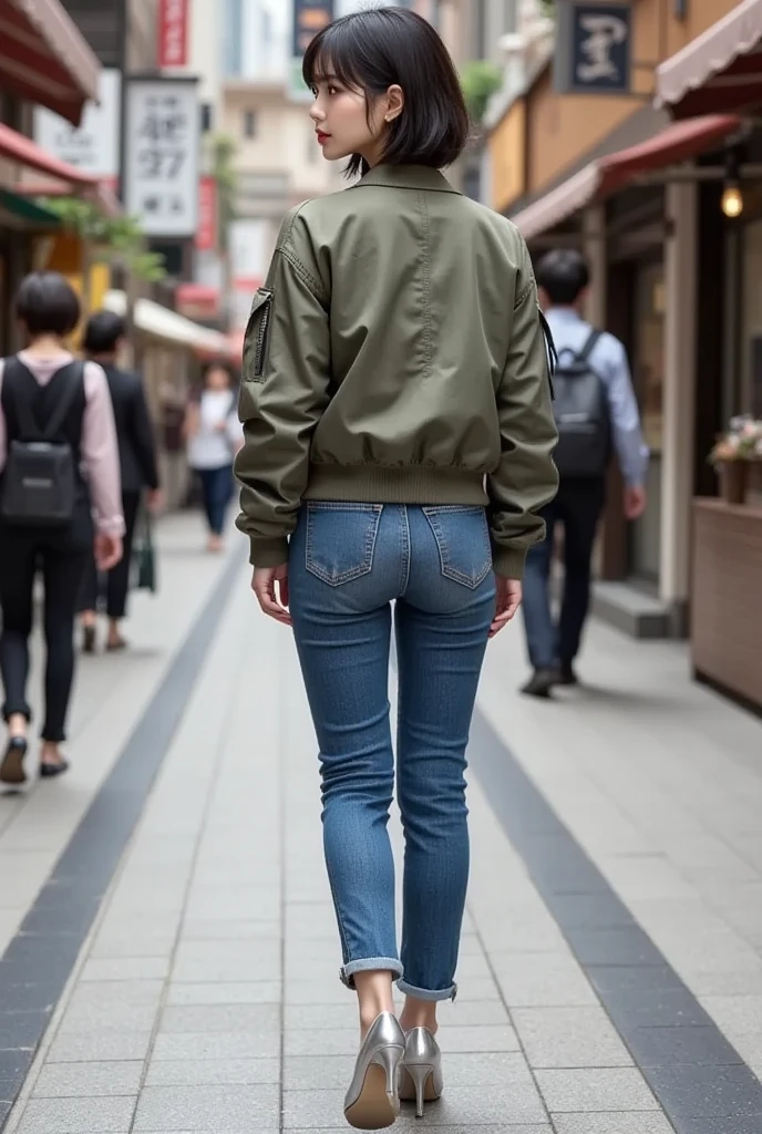 masterpiece, best quality,1girl,young girl,brown eyes,drill hair,serious _facesmile,tan skin,(nice leg line:1.3),thin waist,huge breasts,
BREAK
, Camel_coat, white_t-shirt, high-waisted_jeans, ankle_boots, structured_handbag, hoop_earrings,
BREAK
around crowd:1.1,depth of field,looking at viewer,from behind,full body