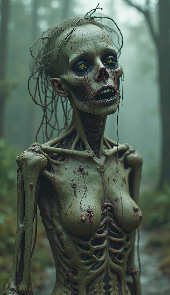 A female zombie with a very alluring appearance, standing in a dark, eerie forest. She has decayed but very attractive features, plump, very big breasts, wearing a tattered dress, partially exposed skeletal elements, and decaying flesh. She is in an action pose, slightly bent forward with one hand reaching out in front of her and the other held closer to her body, as if she has just discovered something interesting. Her expression shows curiosity and focus. The setting is atmospheric with mist swirling around the trees and a faint, eerie light illuminating the scene.