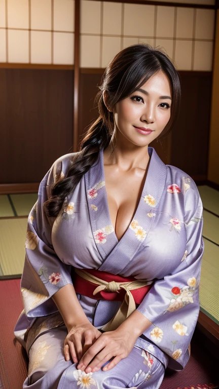 a beautiful japanese woman with large breasts wearing a pink kimono, sitting in front of a golden screen, flower arrangement and tatami in the background, looking at the camera, cinematic atmosphere, professional composition, natural body, fantasy, real, detailed, intricate, photorealistic, highly detailed, 8k, hyper realistic, vivid colors, natural lighting, dramatic lighting