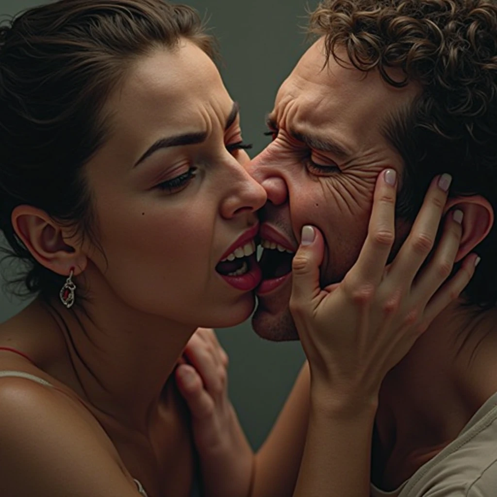 [punch_cheek, fist hit cheek, (((she is brutally hitted in the cheek:1.2))), (((hit in cheek:1.2)))], each other fighting, man vs woman, female super villain, (boxing:1.5), man's punching:1.5, (man is hitting the woman:1.5), (woman is damaged:1.5), dark light skin, curvy, (very huge suggy breast), full body, side view, long apart, naked, simple background, dutch angle, ugly:1.5, face is hit motion blur, nipples reinforced, (fistfight scene), woman has crashed face