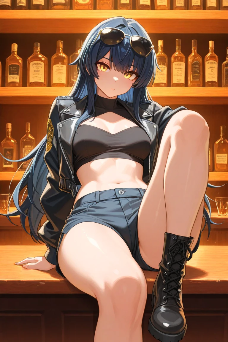 KiriaTMS, turquoise hair, brown eyes, blush, lipstick, long hair, crazy eyes ,Hot girl, baddie, staring, glaring, bad attitude, mean girl, dare, angry, hate, crazy, smoking, sensual, attractive, nightclub, indoors, bar, inside bar, fur trim, mature female, gloves, fur-trimmed coat ,jacket, masterpiece,high quality,4k, bare shoulder,belly,crop top,holding pistol,cleavage,jeans,casual dress,street,road,smile, open mouth, (nsfw) not safe for work, holding a gun,handgun, evil expression, exposed belly, exposed navel, exposed midriff, exposed lower belly, crop top overhang, underboob, unbuttoned jeans , low rise black jeans, Low rise jeans, Low rise jeans with open fly