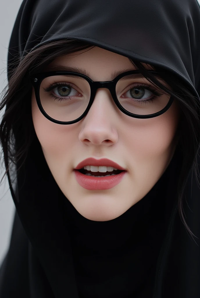 a woman wearing glasses and a hijab, black hair, upper body, lips, head tilt, black-framed eyewear