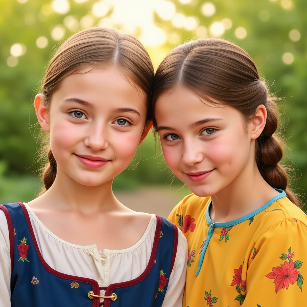 estilo russo, Girl children, portrait , long red hair of braids with hat, estilo fazendeira, com rolos de feno e trigo e cavalo, celeiros, Apples, laas de leite.