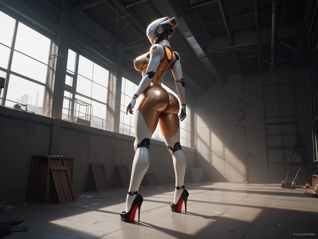 (side profile), ((cinematic lighting)), There is a woman in a robot suit posing next to an ancient building, Beautiful white girl half cyborg, (aletta ocean face), (slender metallic abs), Cute cyborg girl, Beautiful girl cyborg, Perfect Robot Girl, Cyborg girl, Young cyborg grade, (ass cleavage), Beautiful Female Robot, (ass air bags), Beautiful robot woman, cyborg girl, perfect cyborg female, porcelain cyborg, Female robot, Beautiful cyborg images, masterpiece