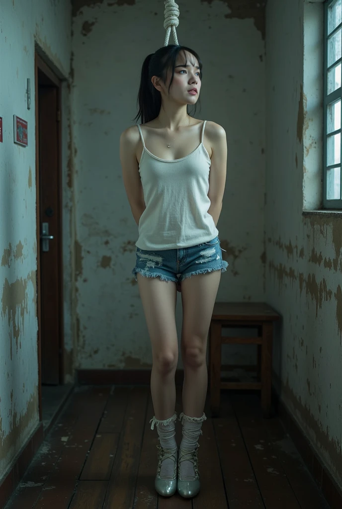masterpiece,highest quality,High resolution,Full Body View,White jacket,Red innerwear,Belly button,Belted denim mini shorts,The heroine in white cowboy boots,Perfect Legs,Perfect Skin,Perfect Arms,Abdominal muscles,The background is an abandoned factory, short hair, naked portrait, nude photography, shiny nipple, show armpit 