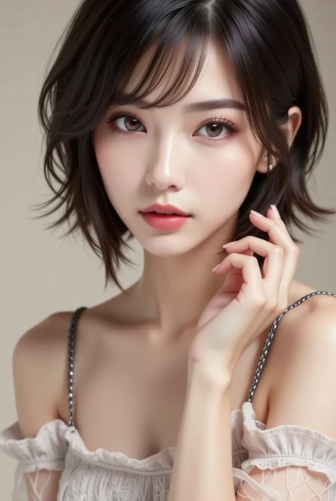 (masterpiece), (Highest image quality), 8K resolution, Super detailed, Super detailed, realism, realism,looking at the camera、30 years old mature woman、small face、no makeup、Detailed beautiful eyes、short hair、dark brown hair、Bust B Cup、small breasts、、cool pose、provocative pose、sexy、silk dress、Beautiful style、Gray background、