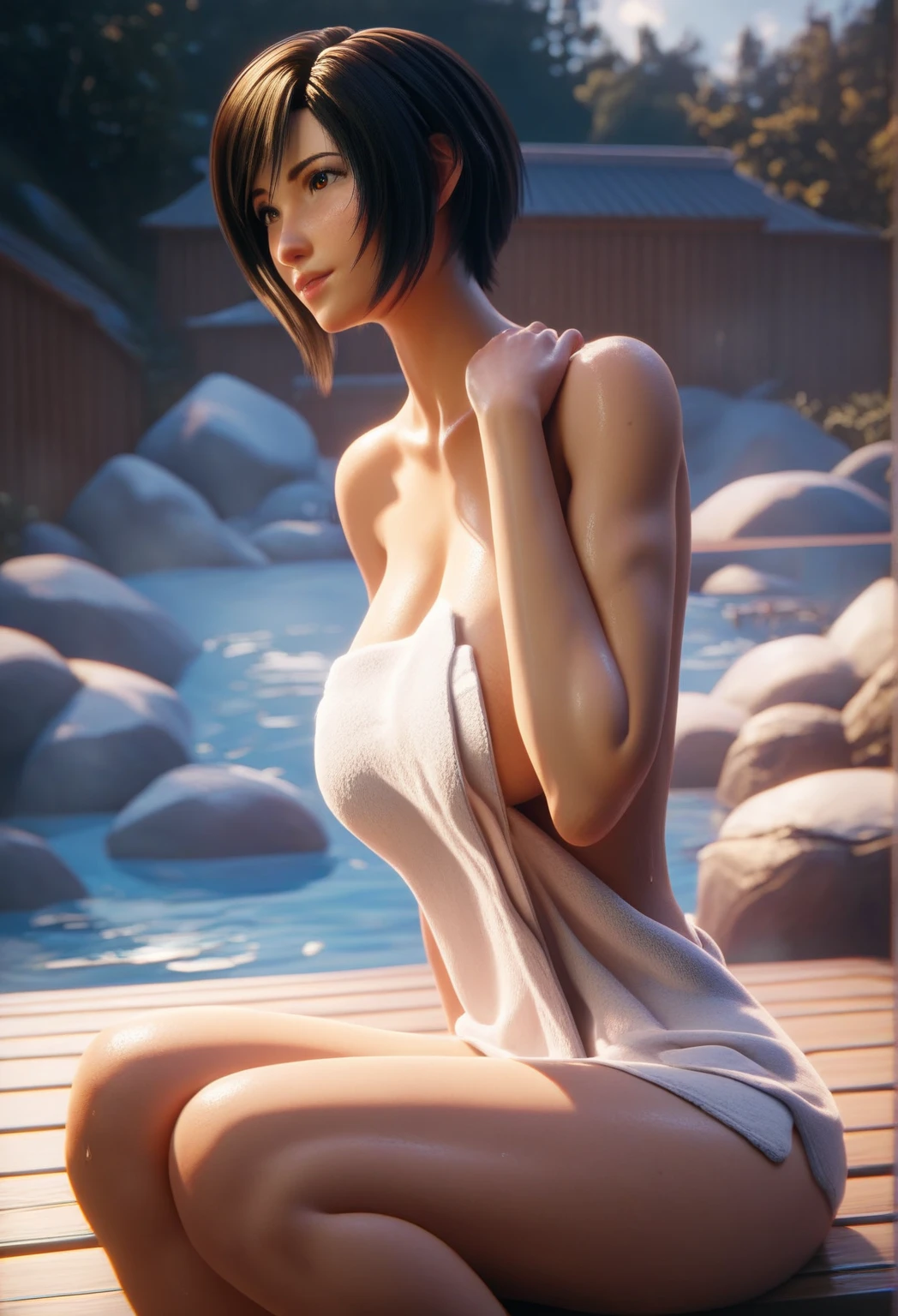 20 years old woman, Short brown hair, Mediterranean with blue eyes, Generous and heavy breasts, slender waist, estomac defini, fesses rebondies et pulpeuses, naturally curved, muscular thighs, aguicheuse, in a sauna, close eyes , sweaty,