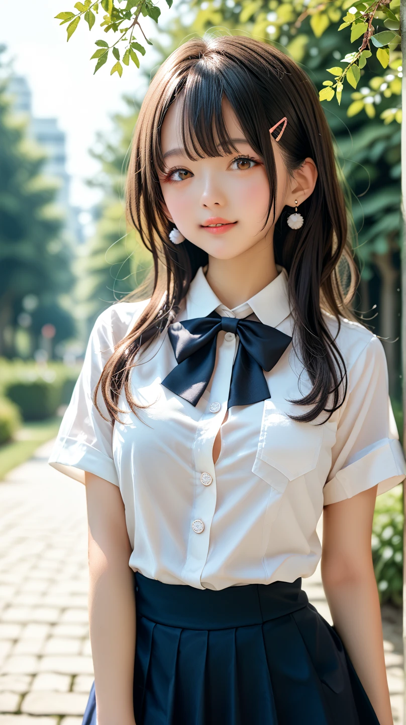 top-quality、masutepiece、超A high resolution)、、(Looking at the camera、Kamimei、a smile:1.3)、((hi-school girl、Semen、a wet body:1.2))、hotel、A dark-haired、bangss、Medium hair、kawaii faces、Beautiful eyes、(high-school uniform、bow ribbon、shirt、skirt by the、Black Knee High Socks)
