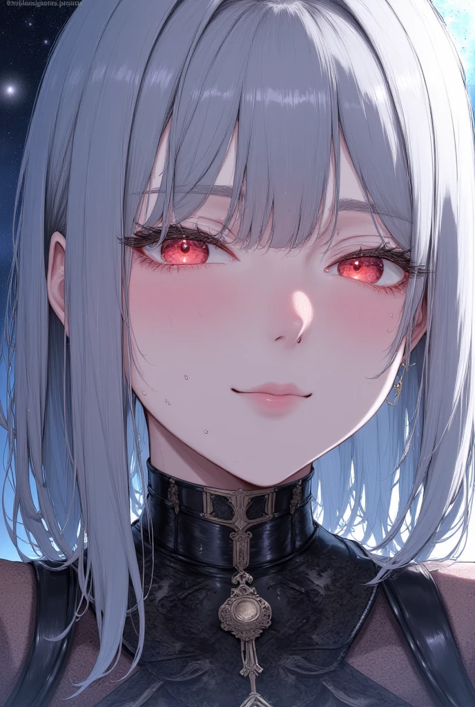 Anime girl with white hair and asymmetrical gothic style haircut, pale skinned, sobrancelhas brancas, light pink iris, black lipstick and extremely pointed dark gothic medieval armor. High quality Gothic-style image diffusion with white-haired anime girl, light pink iris and pale skin, Pose confiante, gloomy setting, gotas de chuva, olhar severo, rosto oval, Black Lipstick 8K Detailed and Dynamic Wallpaper.
