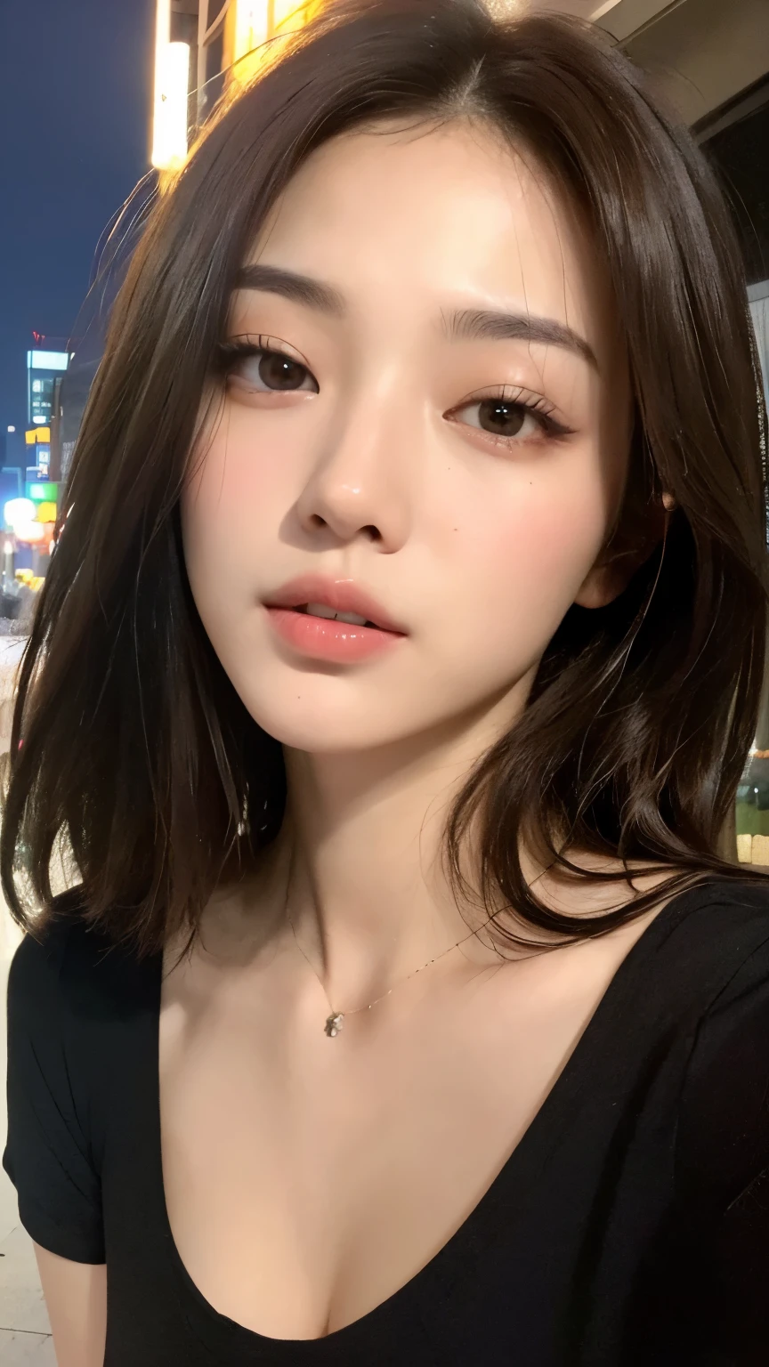 ((Best quality, 8k, Masterpiece :1.3)), Sharp focus :1.2, A pretty woman with perfect figure :1.4, Slender abs :1.2, ((Dark brown hair, Big breasts :1.2)), (White button up long shirt :1.1), City street:1.2, Highly detailed face and skin texture, Detailed eyes, Double eyelid