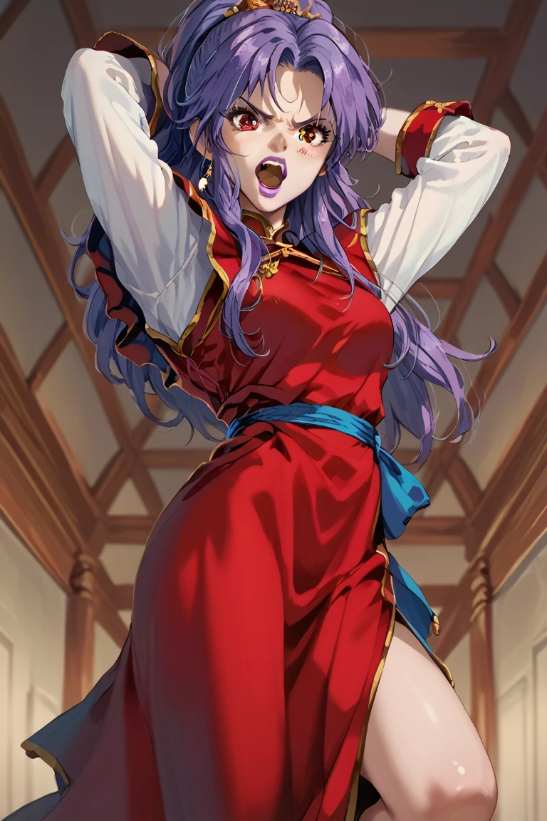 (best quality), (masterpiece), very aesthetic, absurdres, high res, all detailed, (asamiya athena, the king of fighters '98), long hair, purple hair, purple eyes, red hairband, star hair ornament, medium breasts, puffy short sleeves, dress, puffy short sleeves, sash, bangs, necklace, earrings, red fingerless gloves, jewelry, star (symbol), [white panties], (injury skin, scar skin, bleeding skin, torn clothes:1.15), Broken Armor, cloth pieces, BREAK NSFW, solo, 1girl, kneeling, (half closed eyes, cry, tears), sigh, blush, sweat, (indoors, prison), cinematic lighting, diffraction spikes, three quarter view