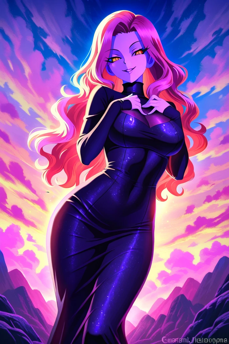 Mature woman,Black skin with stars inside, cosmic body, goddess, cosmic divinity,, body made of dark matter, cosmic aspect, red eyes, black gradient body turning white,spiky hair, rpg style,Cosmic black dress with star inside, curvy body,Giant golden halo behind the body