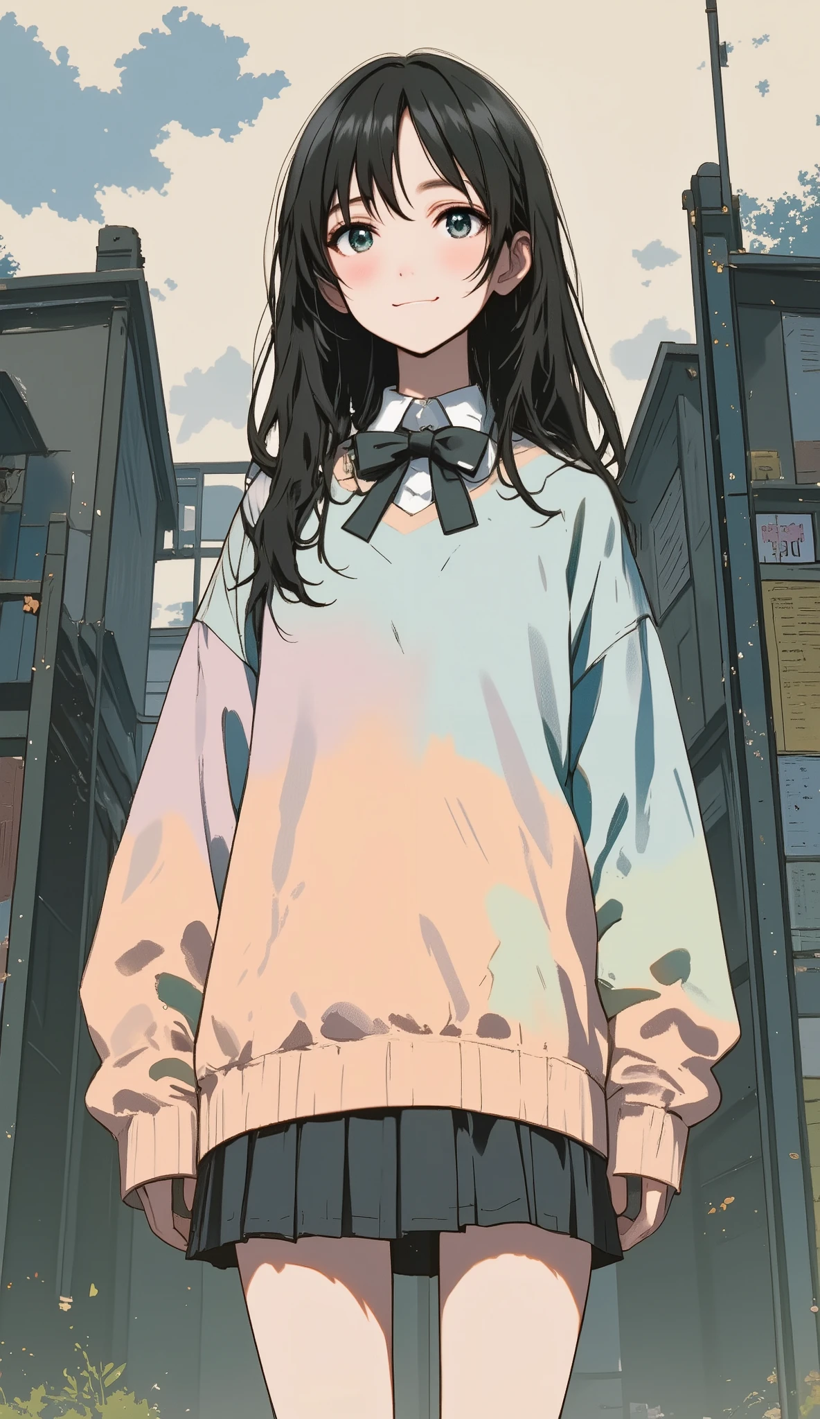 Medium-shot, vertical pastel-style illustration featuring a beautiful  high school girl standing in front of a school gate. She has long, straight black hair flowing neatly down her back, and a sweet, gentle smile on her pale face. Her dark eyes glow with warmth and quiet confidence. She wears a school uniform partially covered by an oversized pastel-colored sweater—the fabric of both appearing oddly aged or frayed at the edges, suggesting emotional weight or timeless memory. The lower part of her outfit softly fades into the surrounding shadows, as if blending into a gentle darkness. The background features a slightly faded school building under a cloudy, muted sky. The entire scene is rendered in soft pastel anime style, creating a nostalgic yet subtly eerie atmosphere